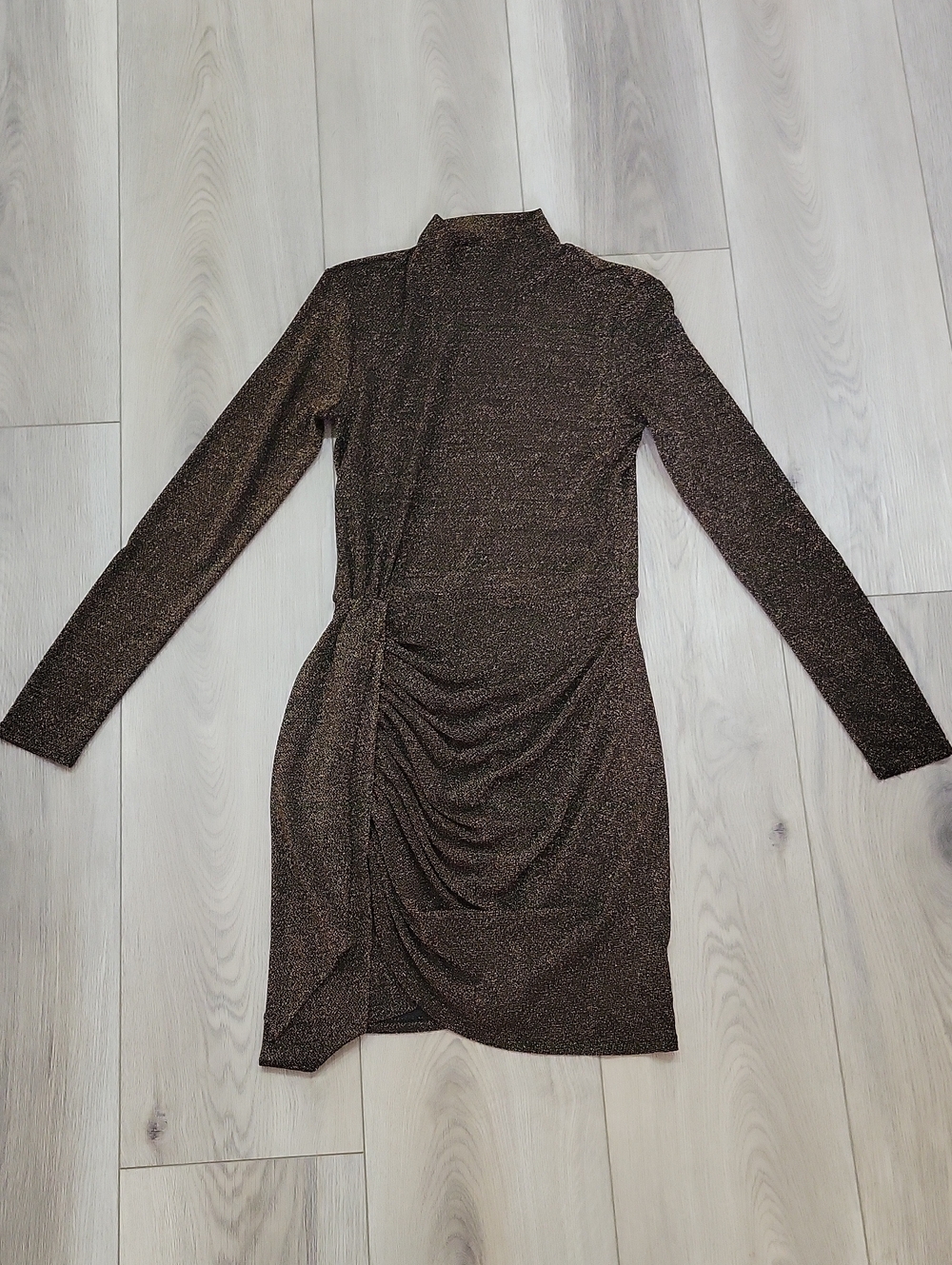 Reformation Metallic Brown Long Sleeve Ruched Mini Dress